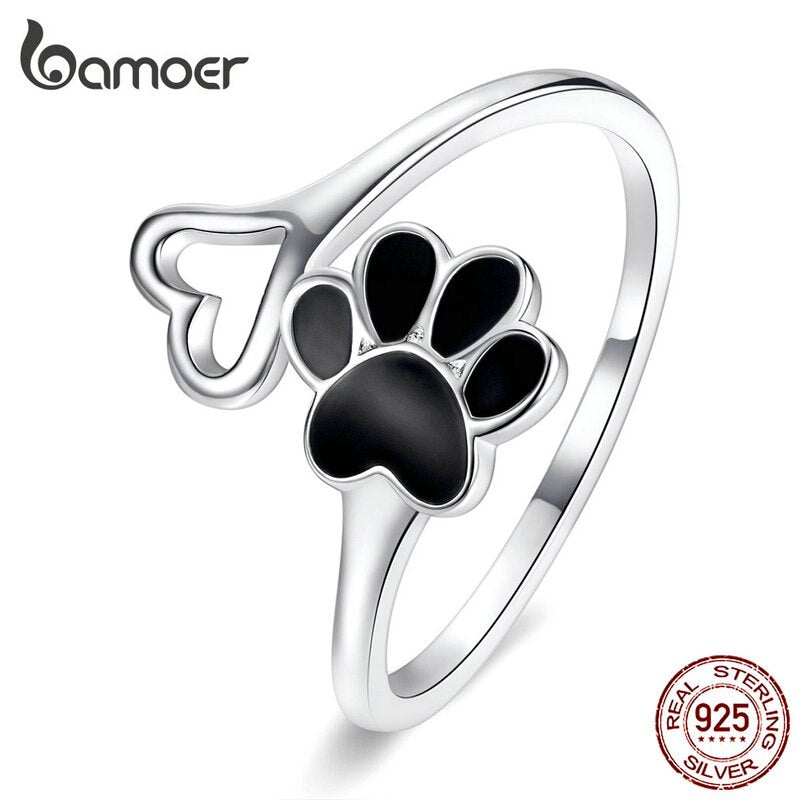 Sterling Silver Black Enamel Dog Paw Heart Adjustable Finger Ring for Women