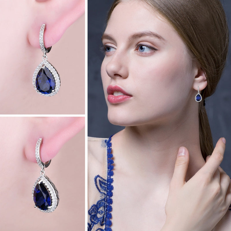 925 Sterling Silver Pear Created Blue Sapphire Dangle Earrings for Women