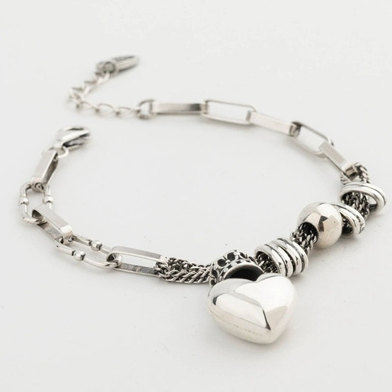 XIYANIKE Unique Chain & Link Bracelet with Crown Heart Bead 925 Sterling Silver
