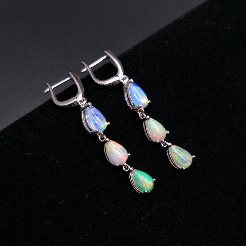 925 Sterling Silver Long style Natural Ethiopian Opal Gemstone Earrings