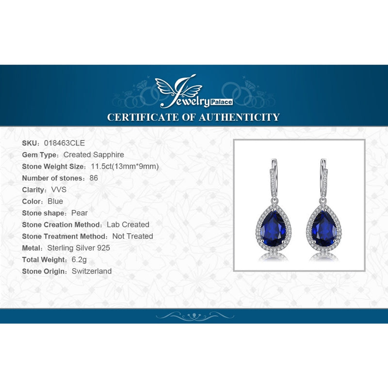 925 Sterling Silver Pear Created Blue Sapphire Dangle Earrings for Women