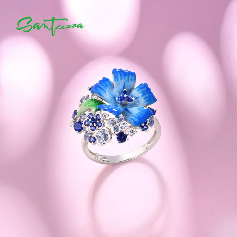 925 Sterling Silver Blue Flower Enamel Jewelry Set for Women