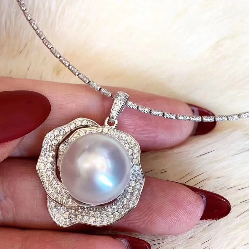 925 Sterling Silver Round 11-12mm Natural Fresh Water White Pearl Pendant Necklace