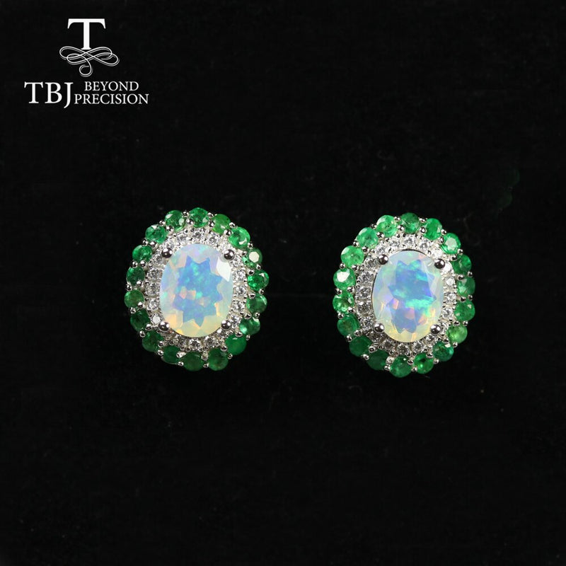 TBJ 925 Sterling Silver Natural Emerald Opal Clasp Earring