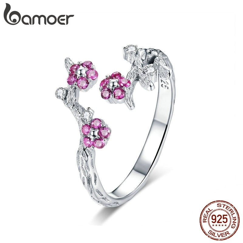 BAMOER 925 Sterling Silver Winter Blooming Plum Flower Open Size Ring