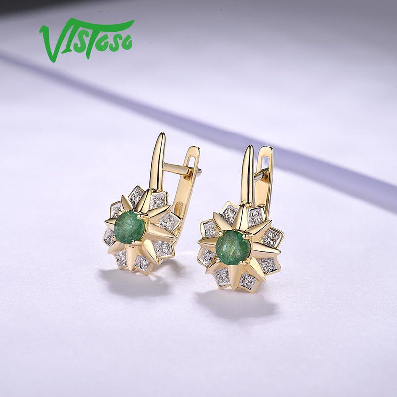 14K Yellow Gold Emerald and Diamond Dangling Earrings for Women