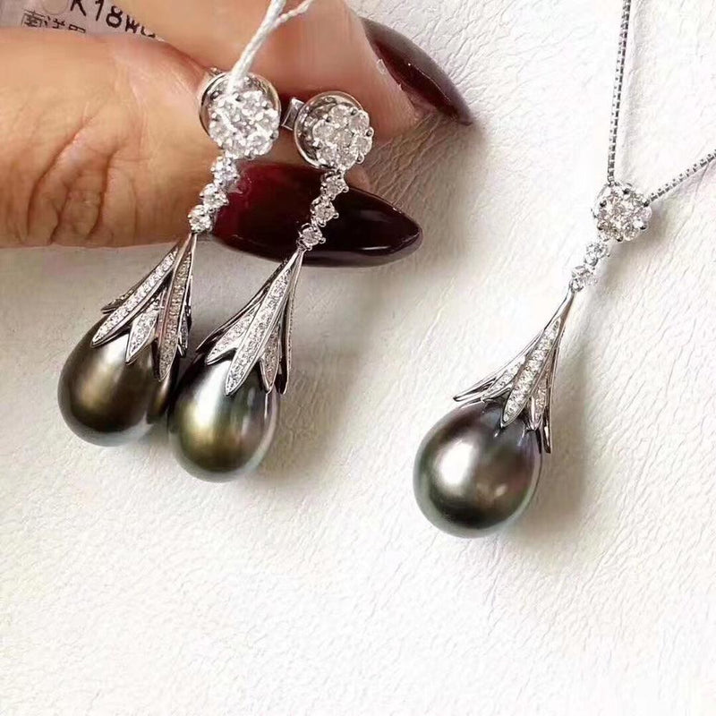 925 Sterling Silver Natural Fresh Water Black Pearl Necklace & Earrings Jewelry Set