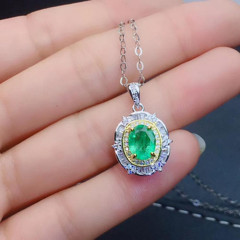 925 Sterling Silver Natural Green Emerald Pendant Necklace