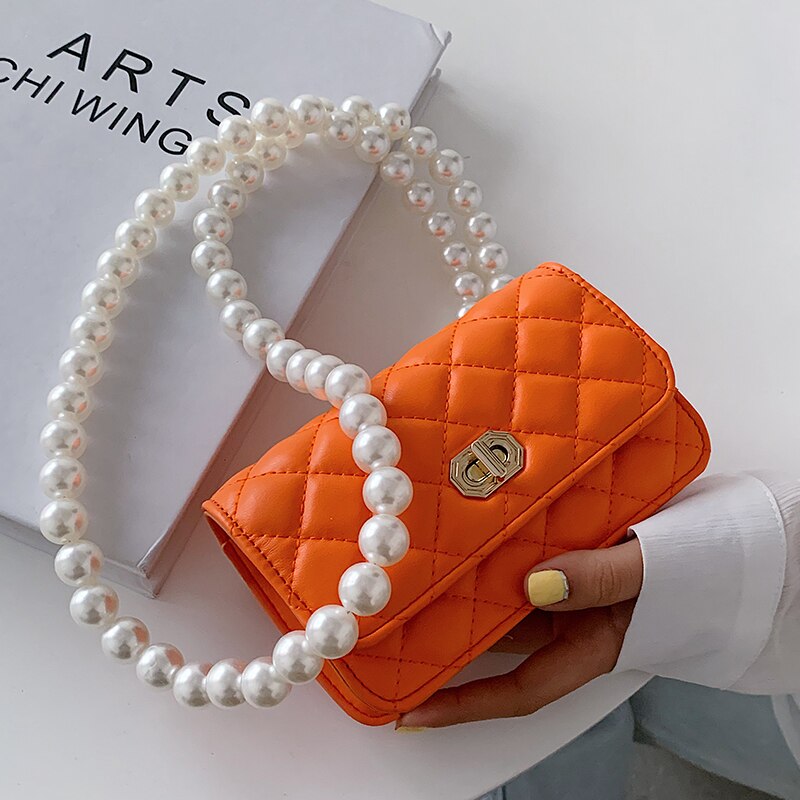 PU Leather Mini Crossbody Bag with Pearl Strap for Women