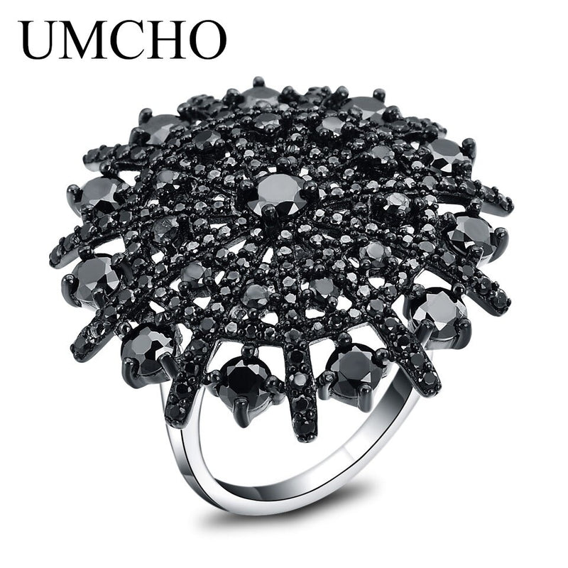 UMCHO Gemstone Natural Black Spinel Ring Female Solid 925 Sterling Silver Rings For Women Round Wedding Engagement Jewelry Gift