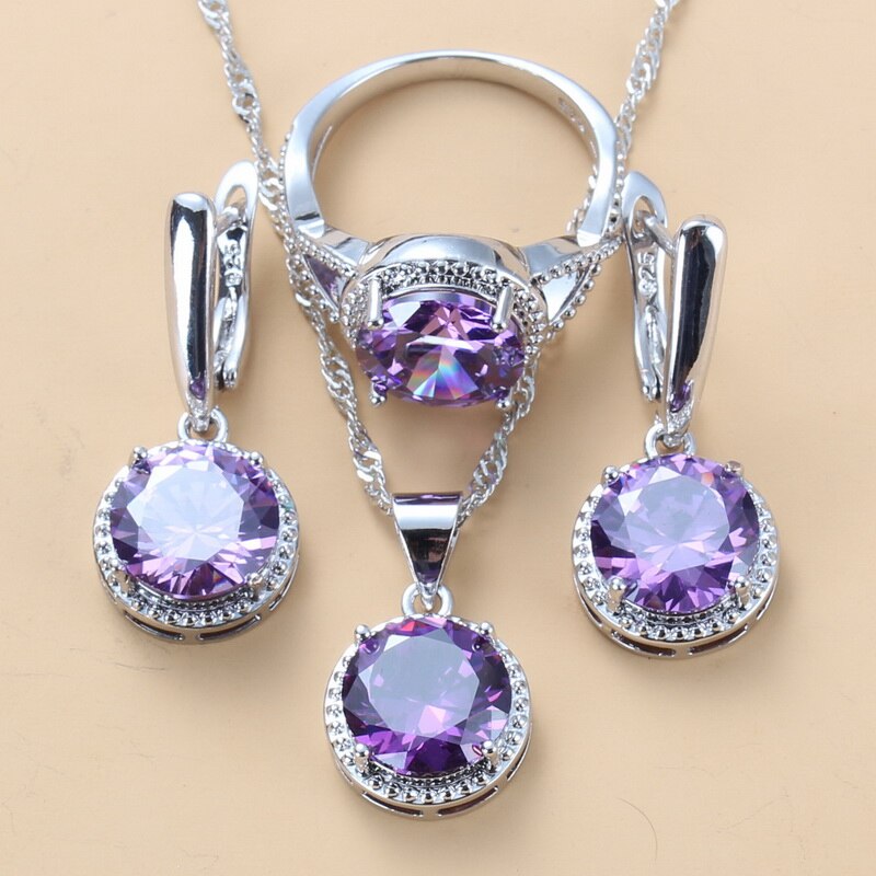 Bridal Accessories 925 Silver Jewelry Sets Round Red Garnet CZ Dangle Earrings Necklace Ring For Women Gift