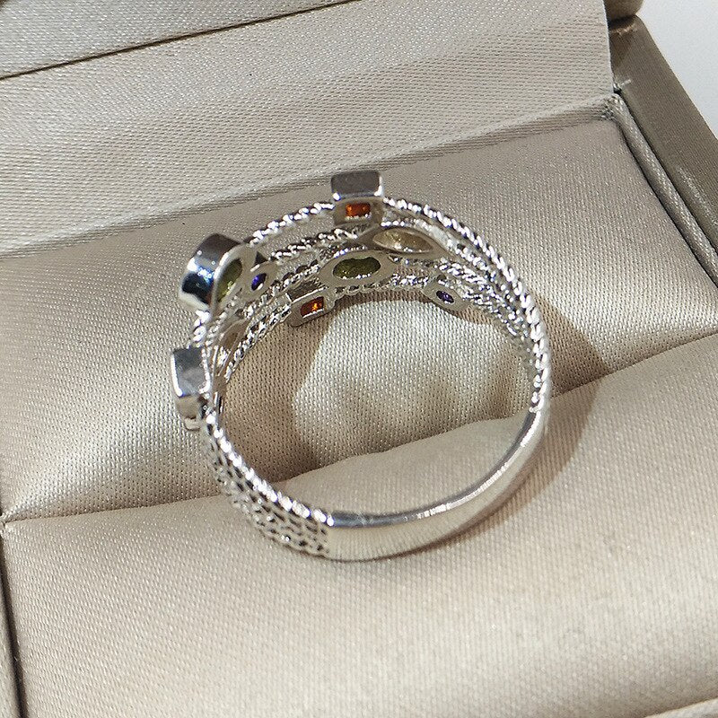 Genuine 925 Sterling Silver Multicolor Zircon Hollow Ring