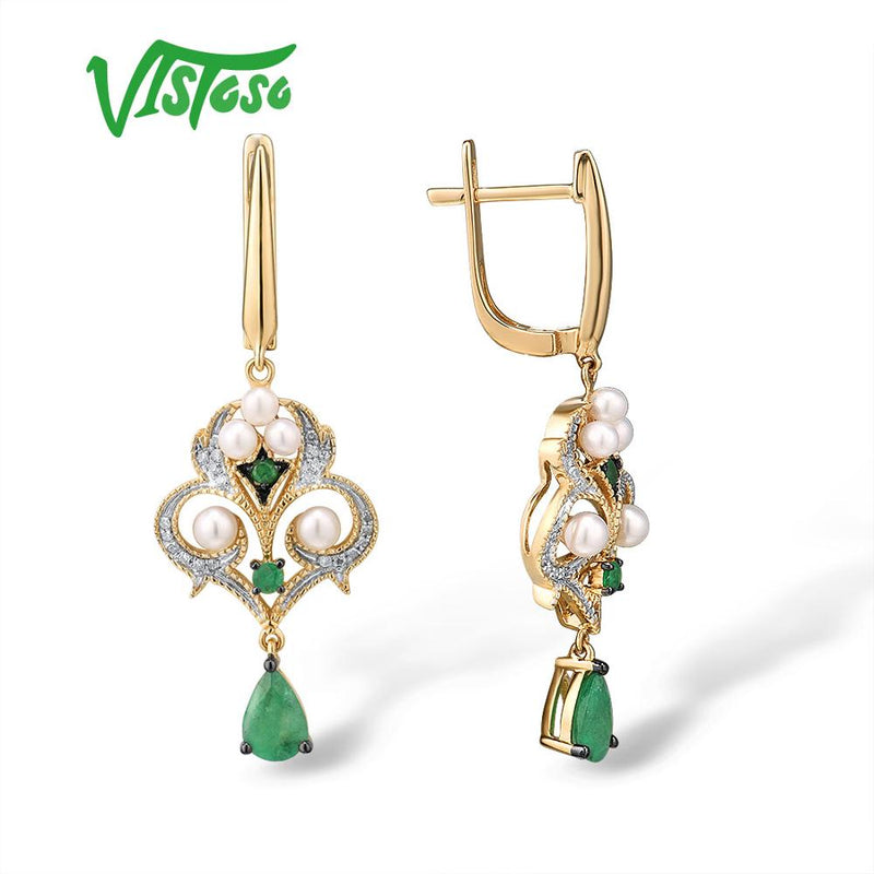 14K Yellow Gold Emerald and Freshwater Pearl Diamond Earrings for Women