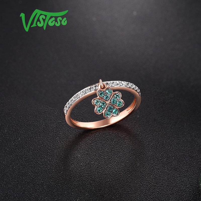 9K Rose Gold Lab Created Emerald & White Sapphire Clover Ring for Women