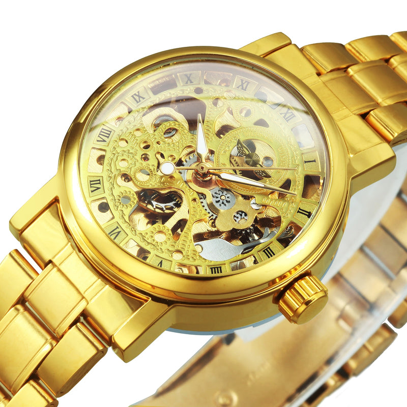 Gold Stainless Steel Skeleton Automatic Watch for Women
