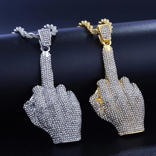 Stainless Steel Full Zircon Rock Middle Finger Pendant Necklace for Men