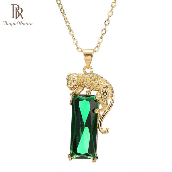 Bague Ringen Vintage Green Emerald Golden Leopard Pendant Necklace 925 Sterling Silver