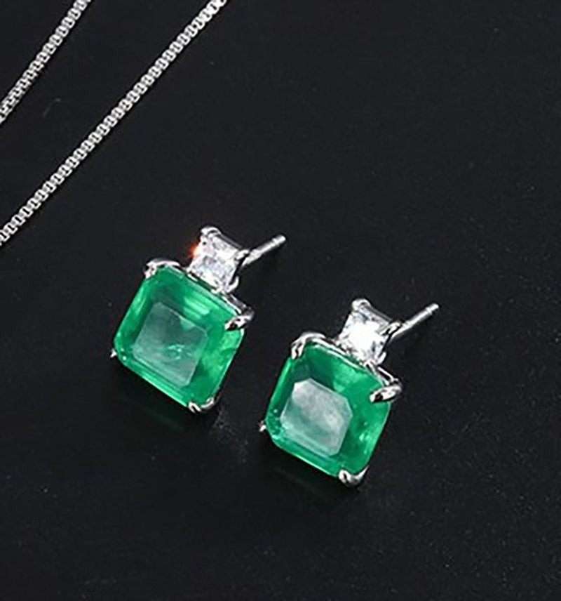 Sterling Silver Emerald Pendant Necklace Earrings Set for Women