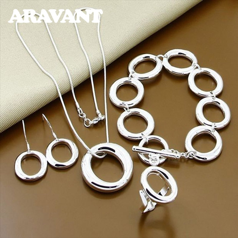 Silver O Shape Necklace, Bracelets, Open Rings, and Earrings Set for Women