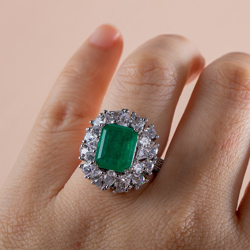 925 Sterling Silver Big Ring Square Emerald Tourmaline for Women