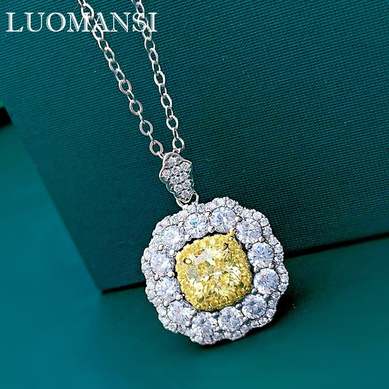 Luomansi 6*6MM Yellow High Carbon Diamond Pendant Silver Necklace Woman 100-% S925 Jewelry Birthday Party Gift