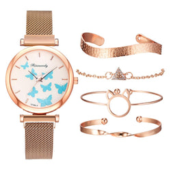 5pcs Set Magnet Buckle Bracelet Set Luxury Butterfly Ladies Quartz Wristwatches