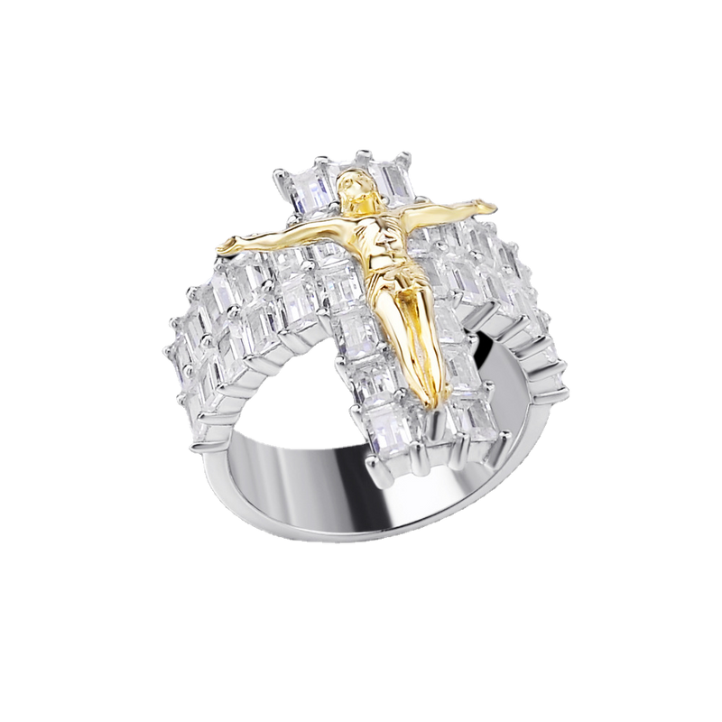 Pop Hip Hop 925 Silver Jesus Cross Man Ring Electroplated 18K White Gold Set with Zircon Fashion Personality Jewelry Men Rings
