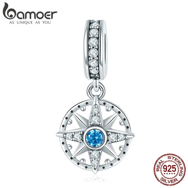 925 Sterling Silver Sparkling Compass Star Pendant Charm for Bracelets & Necklaces for Unisex