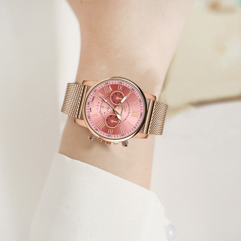 Luxury Rose Gold Dial Quartz Stainless Steel Strap Watch For Ladies