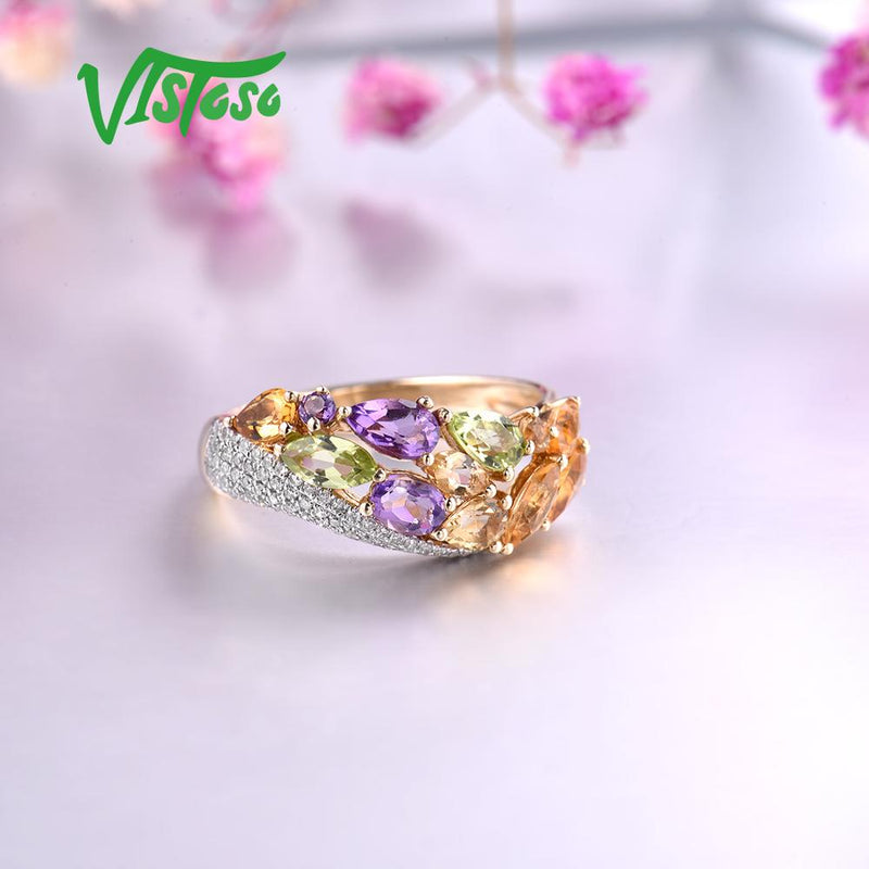 VISTOSO Genuine 14K 585 Yellow Gold Sparkling Diamond Fancy Citrine Amethyst Peridot Ring