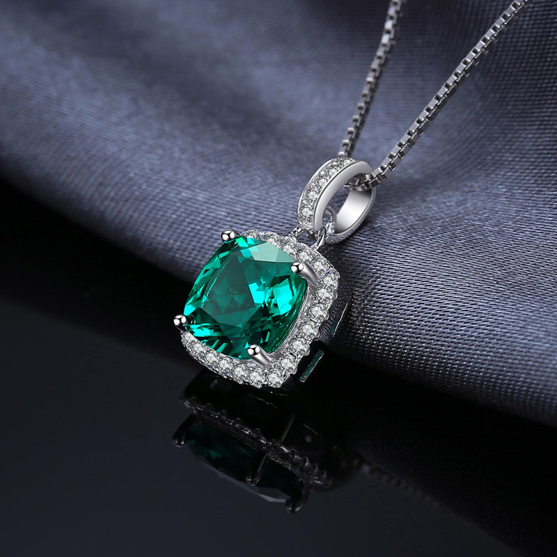 925 Sterling Silver Square Simulated Nano Emerald Pendant Necklace for Women