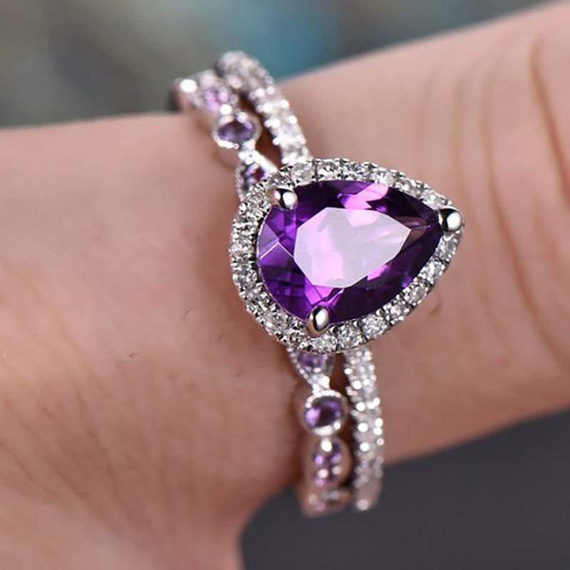 Bague Ringen 925 Sterling Silver Water Drop Shaped Amethyst Two Pieces Rings