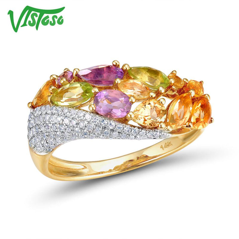VISTOSO Genuine 14K 585 Yellow Gold Sparkling Diamond Fancy Citrine Amethyst Peridot Ring