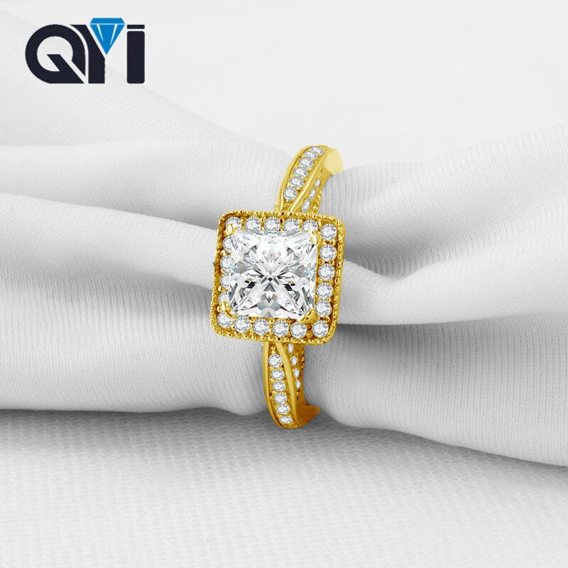 Women 14k Solid Yellow Gold Wedding Rings Princess Cut Simulated Diamond Halo Engagement Ring Fine Jewelry