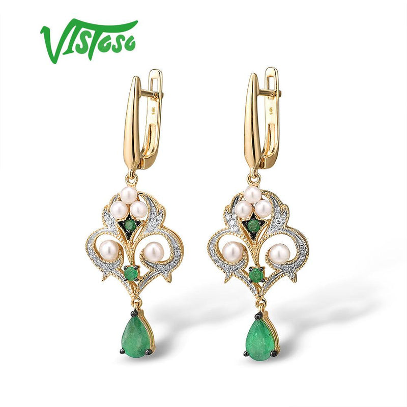 14K Yellow Gold Emerald and Freshwater Pearl Diamond Earrings for Women