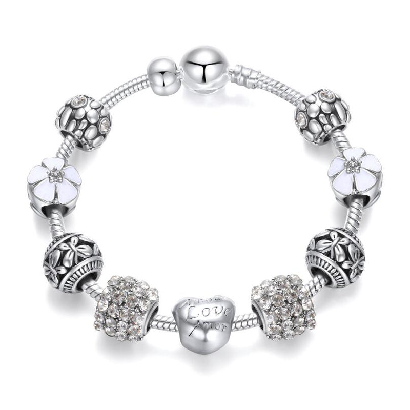 YANHUI Trendy 925 Silver Pink Flower Floral Crystal Charm Beads Bracelet