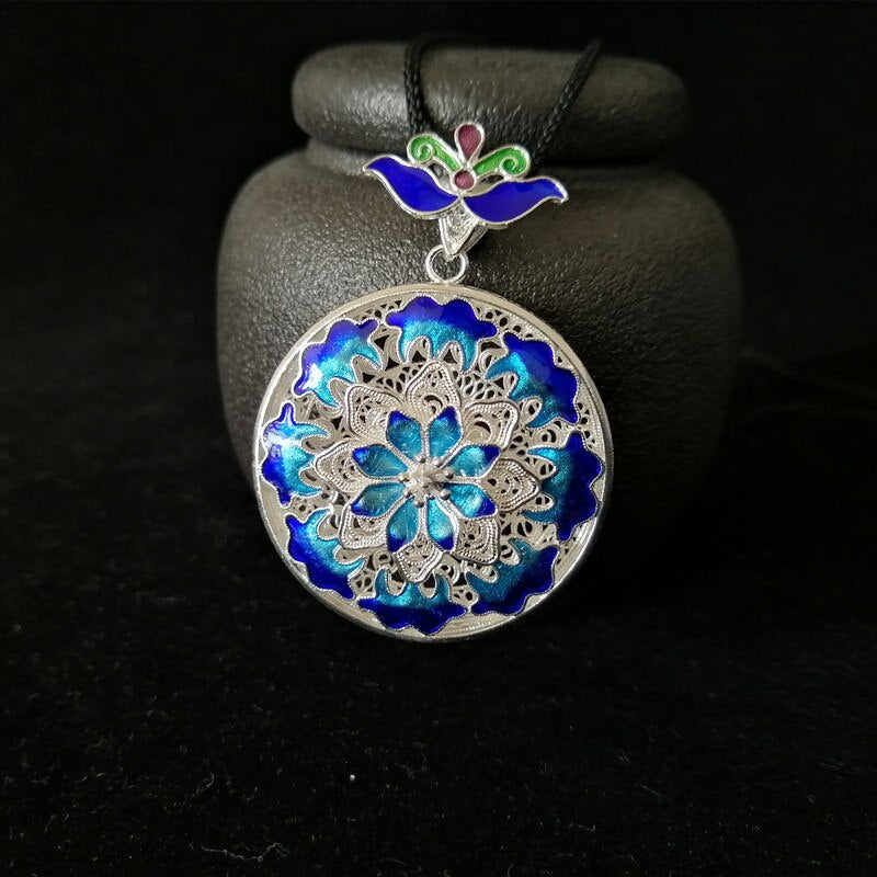 999 Sterling Silver Chinese Ethnic Cloisonne Handmade Enamel Blue Pendant Necklace