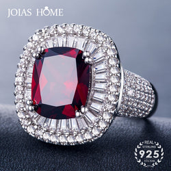 JoiasHome Classic 925 Sterling Silver Jewellery Rings with Round Shape Ruby Zircon Gemstones Ring for Women Wedding Party Gifts