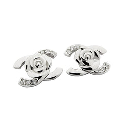 S925 Sterling Silver Shiny Zircon Letter C & Flower Stud Earrings