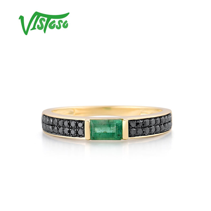 VISTOSO Genuine 14K 585 Yellow Gold Octagon Emerald Black Diamond Ring