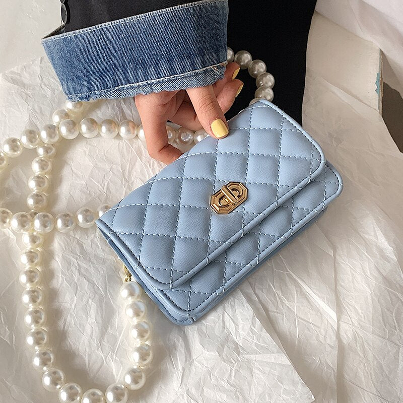 PU Leather Mini Crossbody Bag with Pearl Strap for Women