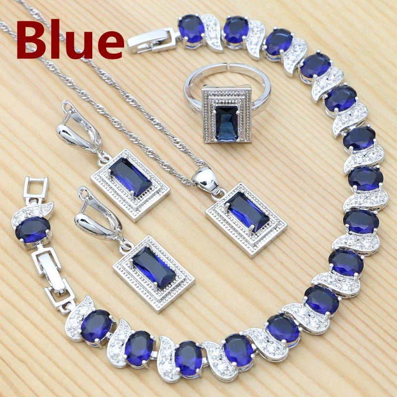 Sterling Silver Blue Cubic Zirconia Square Earrings Pendant Necklace Chain Open Ring Bracelet Set for Women