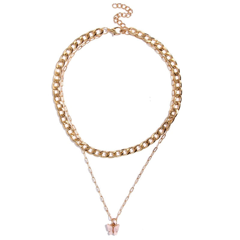 Trendy Bohemian Multilayer Gold Butterfly Snake Coin Cross Crystal Necklaces