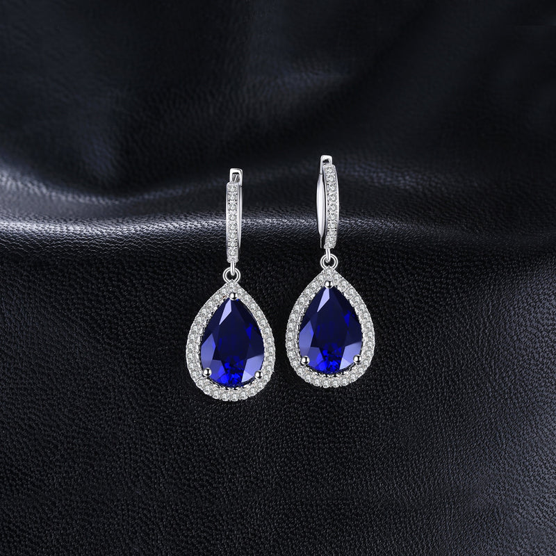 925 Sterling Silver Pear Created Blue Sapphire Dangle Earrings for Women