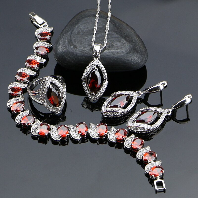 925 Sterling Silver Red CZ and White Zircon Jewelry Set for Women