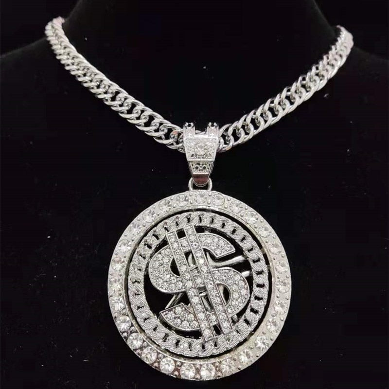 Silver Iced Out Bling Rotatable Dollar Pendant Necklace with 13mm Crystal Cuban Chain for Men