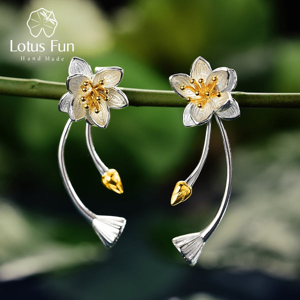 Sterling Silver Lotus Drop Earrings for Women