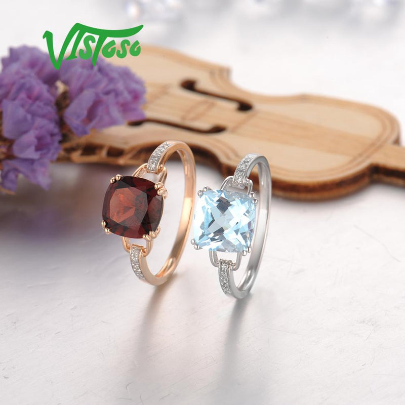 14K White Gold or 14K Rose Gold Sparkling Diamond and Sky Blue Topaz or Red Garnet Ring for Women