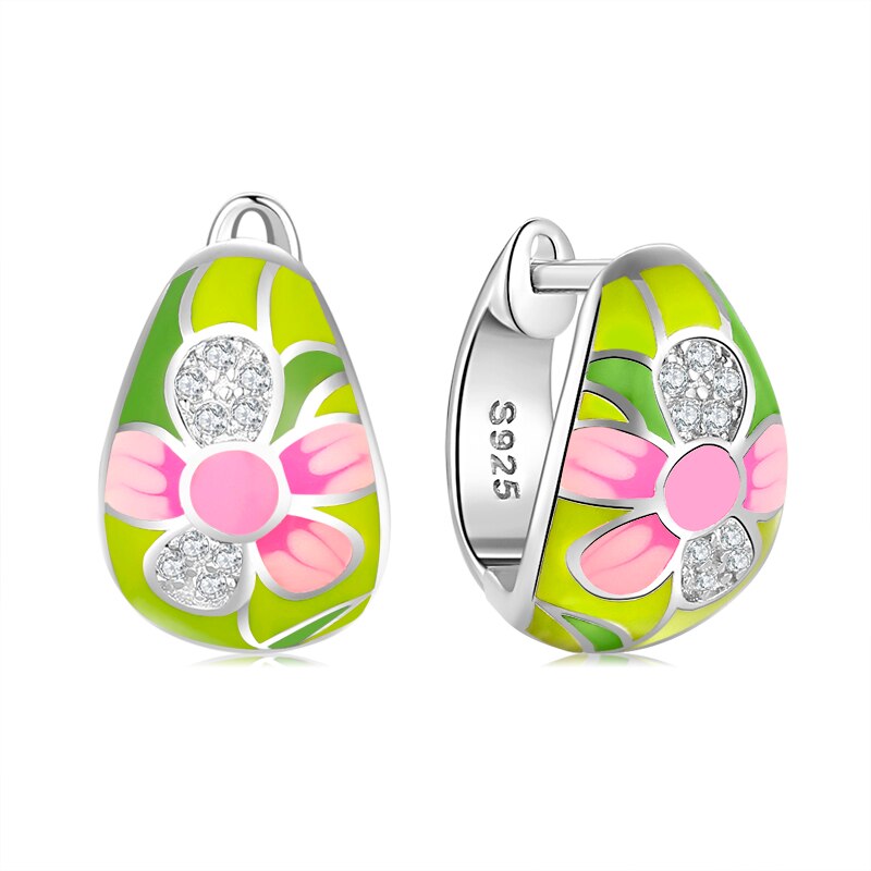 OGULEE Luxury 925 Sterling Silver Colorful Enamel Cubic Zirconia Flower Earrings