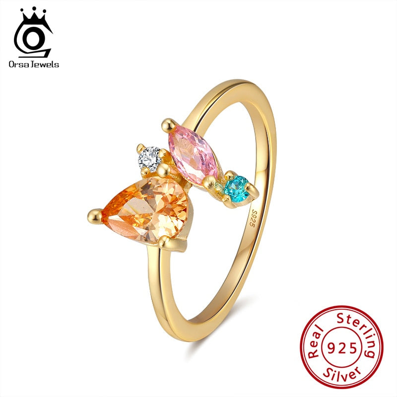 ORSA JEWELS 925 Sterling Silver 18K Gold Plated Various Shapes Multi-colored Zircon Ring